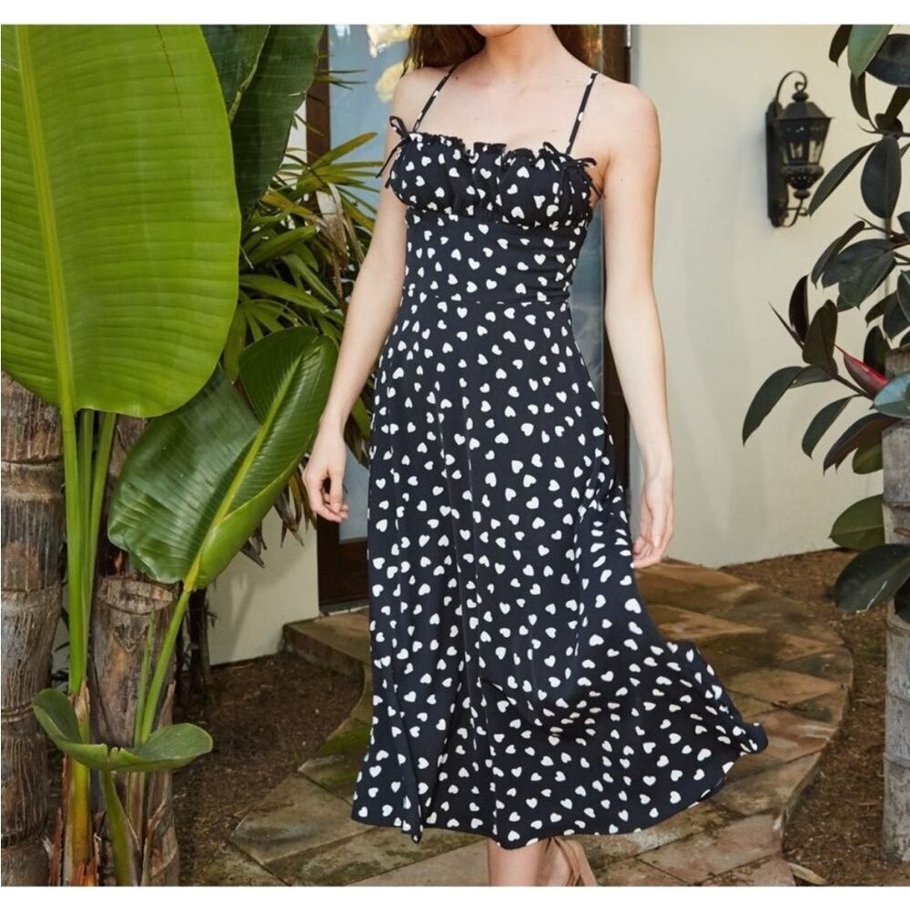 Lani the Label and White Heart Print Spaghetti Strap Midi Dress Small